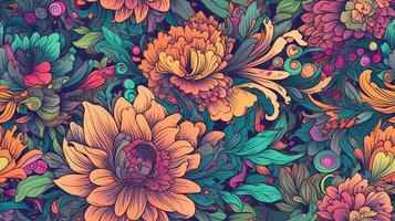 generativ ai, Blumen- bunt nahtlos Muster. lisa frank und James Jean inspiriert natürlich Pflanzen und Blumen Hintergrund, psychedelisch Illustration. Laub Ornament. foto