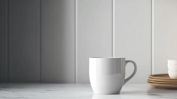 generativ ai, Weiß Keramik Tasse installieren im beim Zuhause Innere, Becher spotten oben leer. foto