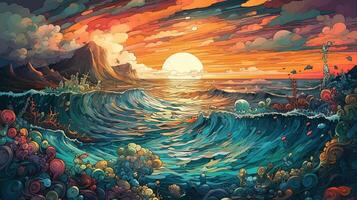 generativ ai, Ozean im das Sonnenuntergang linear Illustration, psychedelisch Manga Stil, höchst detailliert. Anime bunt Stil foto
