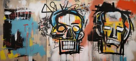 generativ ai, Straße Graffiti abstrakt Kunst mit hässlich Gesicht auf ein texturiert Mauer Jahrgang Hintergrund, inspiriert durch jean-michel Basquiat, Neu York städtisch Stil. foto