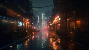 generativ ai, Nacht Szene von nach Regen Stadt im Cyberpunk Stil, futuristisch nostalgisch 80er, 90er. Neon- Beleuchtung beschwingt Farben, fotorealistisch horizontal Illustration. foto