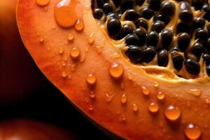 generativ ai, Makro frisch Hälfte von Papaya Obst Hintergrund. tropisch exotisch Nahansicht Foto mit Tropfen