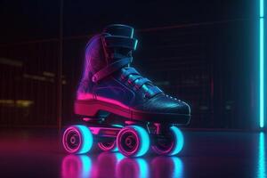 generativ ai, Walze Schlittschuh im Cyberpunk Stil, Disko nostalgisch 80er, 90er. Neon- Nacht Beleuchtung beschwingt Farben, fotorealistisch horizontal Illustration von das futuristisch Stadt. Sport Aktivität Konzept. foto