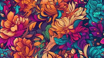 generativ ai, Blumen- bunt nahtlos Muster. lisa frank und James Jean inspiriert natürlich Pflanzen und Blumen Hintergrund, psychedelisch Illustration. Laub Ornament. foto