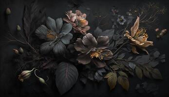 generativ ai, schließen oben von Blühen Blumenbeete von tolle schwarz Blumen auf dunkel gotisch launisch Blumen- texturiert Hintergrund. fotorealistisch Wirkung. foto