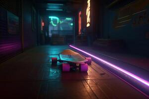 generativ ai, Schlittschuh Tafel im Cyberpunk Stil, Disko nostalgisch 80er, 90er. Neon- Nacht Beleuchtung beschwingt Farben, fotorealistisch horizontal Illustration von das futuristisch Stadt. Sport Aktivität Konzept. foto