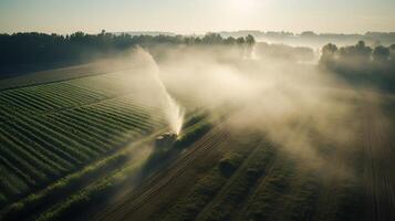 generativ ai, Bauernhof Landwirtschaft bewässert oder Pestizide sprühen Grün Felder. Bewässerung Ausrüstung System, Antenne Aussicht foto