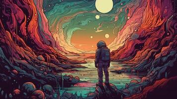 generativ ai, psychedelisch Raum Banner Vorlage im Anime Manga Linie Kunst Stil. horizontal Illustration von das Zukunft Landschaft mit Berge, Planeten, Bäume, Mond. Surrealist Eskapismus Konzept. foto