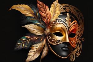 venezianisch Karneval Maske. Gold Farbe, farbig Gefieder. glücklich Karneval Festival, Attribute von das Brasilianer Karneval. venezianisch Karneval Maske und Perlen Dekoration. Karneval gras Hintergrund. generativ ai foto