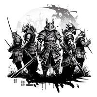 Samurai Krieger mit Katana Schwert. Ronin Samurai gegen fünf Feind umgeben Über zu Streit, Comic Stil generativ ai foto