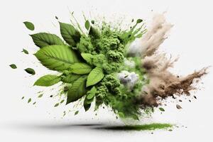 generativ ai Pulver mit ...-Geschmack Explosion Weiß Hintergrund mit Kratom Blätter Attrappe, Lehrmodell, Simulation zum Matcha Tee. foto