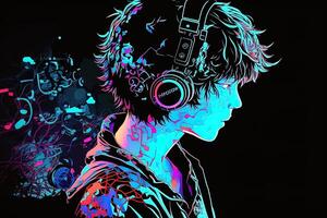 generativ ai ein Neon- Spieler Anime Mode Junge oder Mann tragen Kopfhörer, hat verloren im seine Musik. abstrakt Hintergrund Das weckt das Gefühl von anders Genres von Musik. Banner Musik- Konzept foto