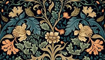 generativ ai, Blumen- bunt Muster. Wilhelm morris inspiriert natürlich Pflanzen und Blumen Hintergrund, Jahrgang Illustration. Laub Ornament. foto