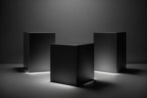 elegant drei schwarz Würfel Stand zum Produkt Platzierung Attrappe, Lehrmodell, Simulation. dunkel Podium Ausstellung Szene Hintergrund. minimal Box Plattform Ausstellungsraum mit Stelle Licht generativ ai foto