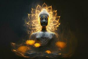 schön Licht Spektrum Buddhas Licht blinken, hell Rot, Gelb Lotus Blume, Verbrennung wolkenartig Blütenblätter, umgeben durch Magie Chaos Licht, Weiß Rauch, fallen reflektiert Licht, Wasser Muster. foto