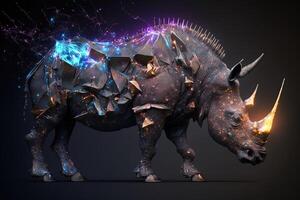 generativ ai Verschmelzung von Metall Nashorn explodiert durch Feuer umgeben durch verstreut Glas Scherben und Trümmer, kosmisch Energie foto