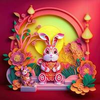 Papier Schnitt quilling mehrdimensional Chinesisch Stil süß Tierkreis Hase mit Laternen, blühen Pfirsich Blume im Hintergrund, Chinesisch Neu Jahr. Mond- Neu Jahr 2023 Konzept foto