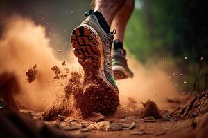 Nahansicht beim das Läufer Füße ist Laufen auf das Schmutz Route beim das Dschungel, Straße und Straße. Weg Laufen Sport Aktion und Mensch Herausforderung Konzept. generativ ai foto