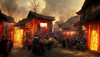 uralt Chinesisch Dorf, Chinesisch Neu Jahr, Pfirsich Blume Blüte, multi Feuerwerk im das Himmel, geschäftig Markt, verwelkt Bäume. glücklich Neu Jahr Konzept. generieren ai foto