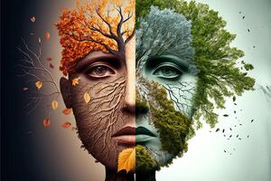 generativ ai Illustration von das vier zeitlich Jahreszeiten im einer Gesicht, einer rahmen, einer Baum. Natur Konzept. digital generiert Bild foto