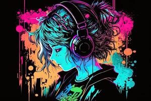 generativ ai ein Neon- Spieler Anime Mode Mädchen oder Frau tragen Kopfhörer, hat verloren im ihr Musik. abstrakt Hintergrund Das weckt das Gefühl von anders Genres von Musik. Banner Musik- Konzept foto