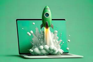 Rakete Kommen aus von Laptop Bildschirm, Grün Hintergrund. ai Digital Illustration Konzept von Ideen und Start hoch. generativ ai foto