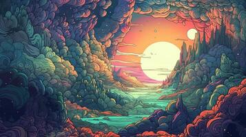 generativ ai, psychedelisch Raum Banner Vorlage im Anime Manga Linie Kunst Stil. horizontal Illustration von das Zukunft Landschaft mit Berge, Planeten, Bäume, Mond. Surrealist Eskapismus Konzept. foto