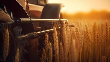 generativ ai, Nahansicht modern kombinieren Mähdrescher auf ein Weizen Feld, Bauernhof Landschaft, landwirtschaftlich schön Landschaft. Natur Illustration, fotorealistisch horizontal Banner. foto