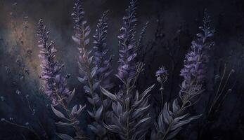 generativ ai, schließen oben von Blühen Blumenbeete von tolle Lavendel lila Blumen auf dunkel launisch Blumen- texturiert Hintergrund. fotorealistisch Wirkung. foto