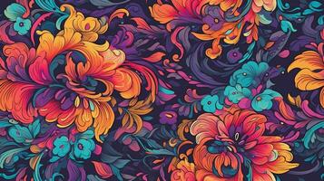 generativ ai, Blumen- bunt nahtlos Muster. lisa frank und James Jean inspiriert natürlich Pflanzen und Blumen Hintergrund, psychedelisch Illustration. Laub Ornament. foto