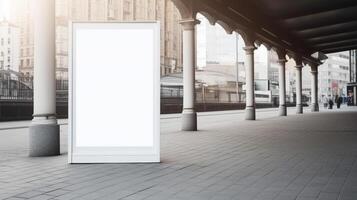 generativ ai, realistisch Straße groß Plakatwand oder Poster spotten oben leer zum Präsentation Werbung. draussen Zeichen leer im das futuristisch Stadt, Geschäft Konzept foto