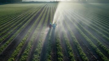 generativ ai, Bauernhof Landwirtschaft bewässert oder Pestizide sprühen Grün Felder. Bewässerung Ausrüstung System, Antenne Aussicht foto