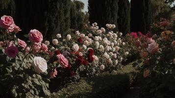 generativ ai, schön Sommer- Privat Garten mit viele Blumen und Pflanzen, Natur Landschaft, Englisch Landschaft Hütte Stil foto