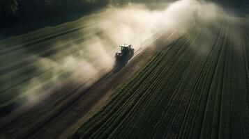 generativ ai, Bauernhof Landwirtschaft bewässert oder Pestizide sprühen Grün Felder. Bewässerung Ausrüstung System, Antenne Aussicht foto