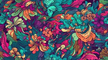 generativ ai, Blumen- bunt nahtlos Muster. lisa frank und James Jean inspiriert natürlich Pflanzen und Blumen Hintergrund, psychedelisch Illustration. Laub Ornament. foto