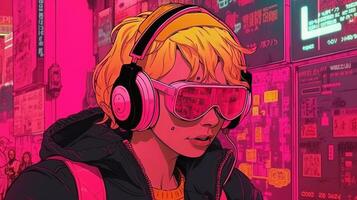 generativ ai, Person im Gläser, Cyberpunk Anime Stil inspiriert durch josan gonzalez. Licht Gelb und Rosa Farben, virtuell Wirklichkeit Konzept foto
