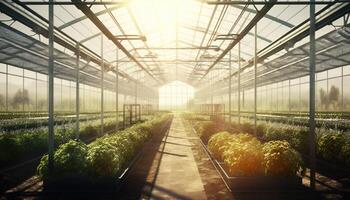 generativ ai, Gewächshaus von das Glas, Zeltglas Garten mit ein Menge von Pflanzen. fotorealistisch Wirkung. foto