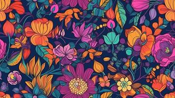 generativ ai, Blumen- bunt nahtlos Muster. lisa frank und James Jean inspiriert natürlich Pflanzen und Blumen Hintergrund, psychedelisch Illustration. Laub Ornament. foto