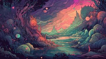 generativ ai, psychedelisch Raum Banner Vorlage im Anime Manga Linie Kunst Stil. horizontal Illustration von das Zukunft Landschaft mit Berge, Planeten, Bäume, Mond. Surrealist Eskapismus Konzept. foto