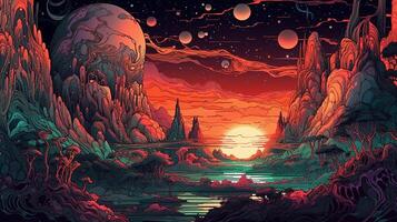 generativ ai, psychedelisch Raum Banner Vorlage im Anime Manga Linie Kunst Stil. horizontal Illustration von das Zukunft Landschaft mit Berge, Planeten, Bäume, Mond. Surrealist Eskapismus Konzept. foto