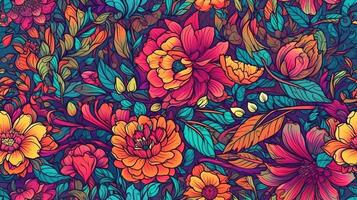 generativ ai, Blumen- bunt nahtlos Muster. lisa frank und James Jean inspiriert natürlich Pflanzen und Blumen Hintergrund, psychedelisch Illustration. Laub Ornament. foto