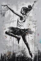 generativ ai, Tanzen Frau oder Mädchen, dynamisch Bewegung. Tinte Farbe bunt spritzt Straße Graffiti Kunst auf ein texturiert Papier Jahrgang Hintergrund, inspiriert durch Banken. foto
