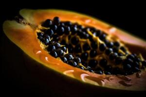 generativ ai, Makro frisch Hälfte von Papaya Obst Hintergrund. tropisch exotisch Nahansicht Foto mit Tropfen