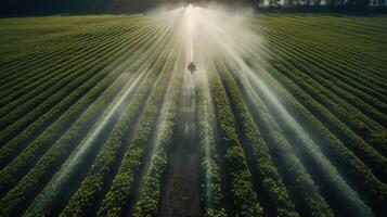 generativ ai, Bauernhof Landwirtschaft bewässert oder Pestizide sprühen Grün Felder. Bewässerung Ausrüstung System, Antenne Aussicht foto