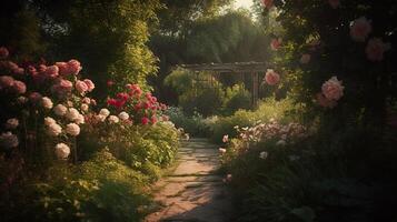 generativ ai, schön Sommer- Privat Garten mit viele Blumen und Pflanzen, Natur Landschaft, Englisch Landschaft Hütte Stil foto