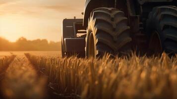 generativ ai, Nahansicht modern kombinieren Mähdrescher auf ein Weizen Feld, Bauernhof Landschaft, landwirtschaftlich schön Landschaft. Natur Illustration, fotorealistisch horizontal Banner. foto