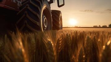 generativ ai, Nahansicht modern kombinieren Mähdrescher auf ein Weizen Feld, Bauernhof Landschaft, landwirtschaftlich schön Landschaft. Natur Illustration, fotorealistisch horizontal Banner. foto