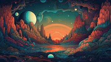 generativ ai, psychedelisch Raum Banner Vorlage im Anime Manga Linie Kunst Stil. horizontal Illustration von das Zukunft Landschaft mit Berge, Planeten, Bäume, Mond. Surrealist Eskapismus Konzept. foto