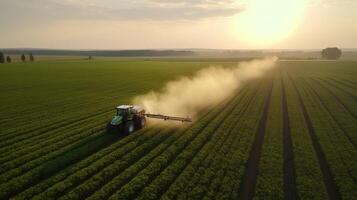 generativ ai, Bauernhof Landwirtschaft bewässert oder Pestizide sprühen Grün Felder. Bewässerung Ausrüstung System, Antenne Aussicht foto