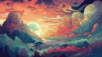 generativ ai, psychedelisch Raum Banner Vorlage im Anime Manga Linie Kunst Stil. horizontal Illustration von das Zukunft Landschaft mit Berge, Planeten, Bäume, Mond. Surrealist Eskapismus Konzept. foto